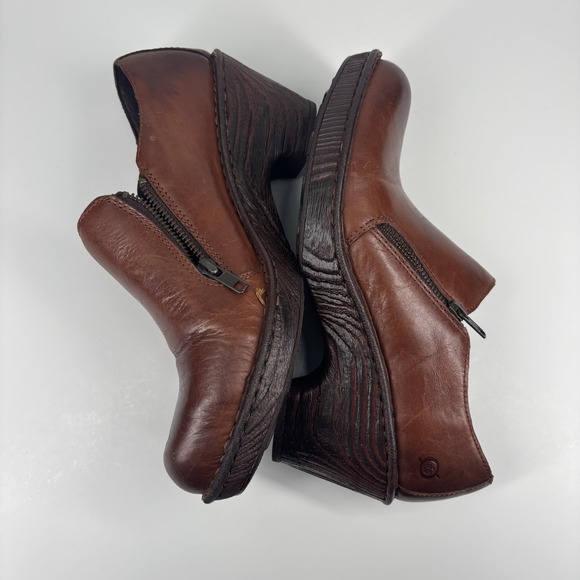 Born Elliott Women's 10M Brown Leather Wedge Clogs Double Zip Booties Comfort - Picture 5 of 12